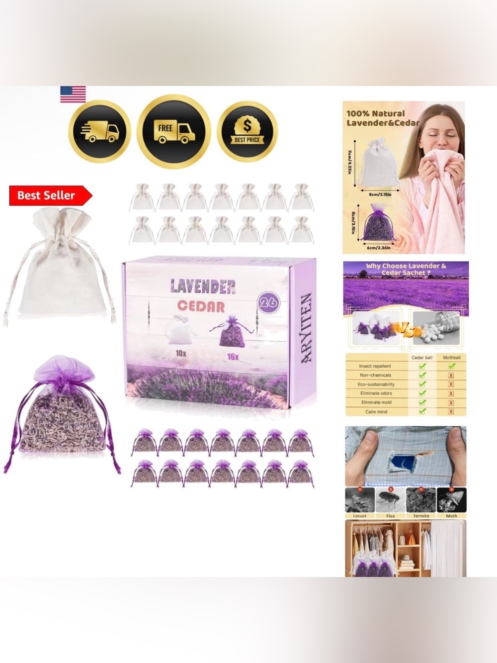 8 Pack Cedar Chips and Natural Dried Lavender Sachets Bags - Stop Clothes Damage